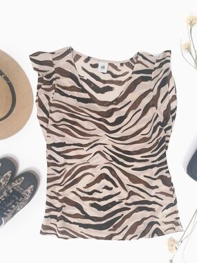 ✨Cabi Simone Zebra Print Flutter Sleeve Top #3771 - Brown Cream L✨